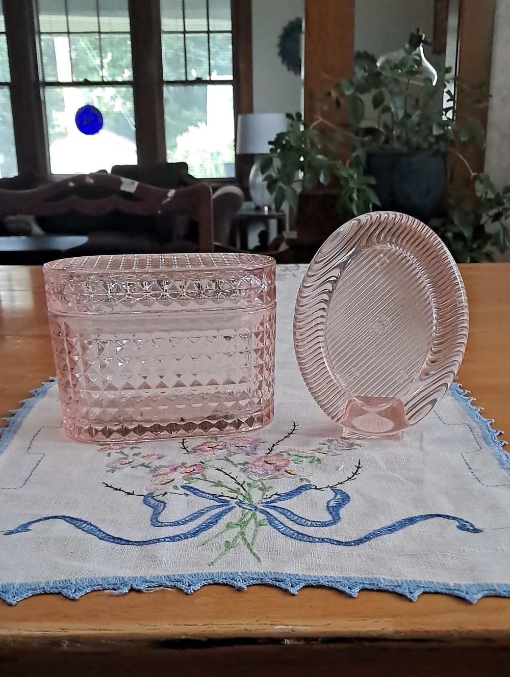 Pink Pressed Glass Trinket Box & Oval Picture Frame